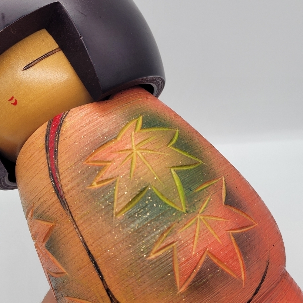 Wooden Doll with Autumn Leaves Seigaku Ando Kokeshi Doll | Approx. 8" VTG Rare - Picture 9 of 9